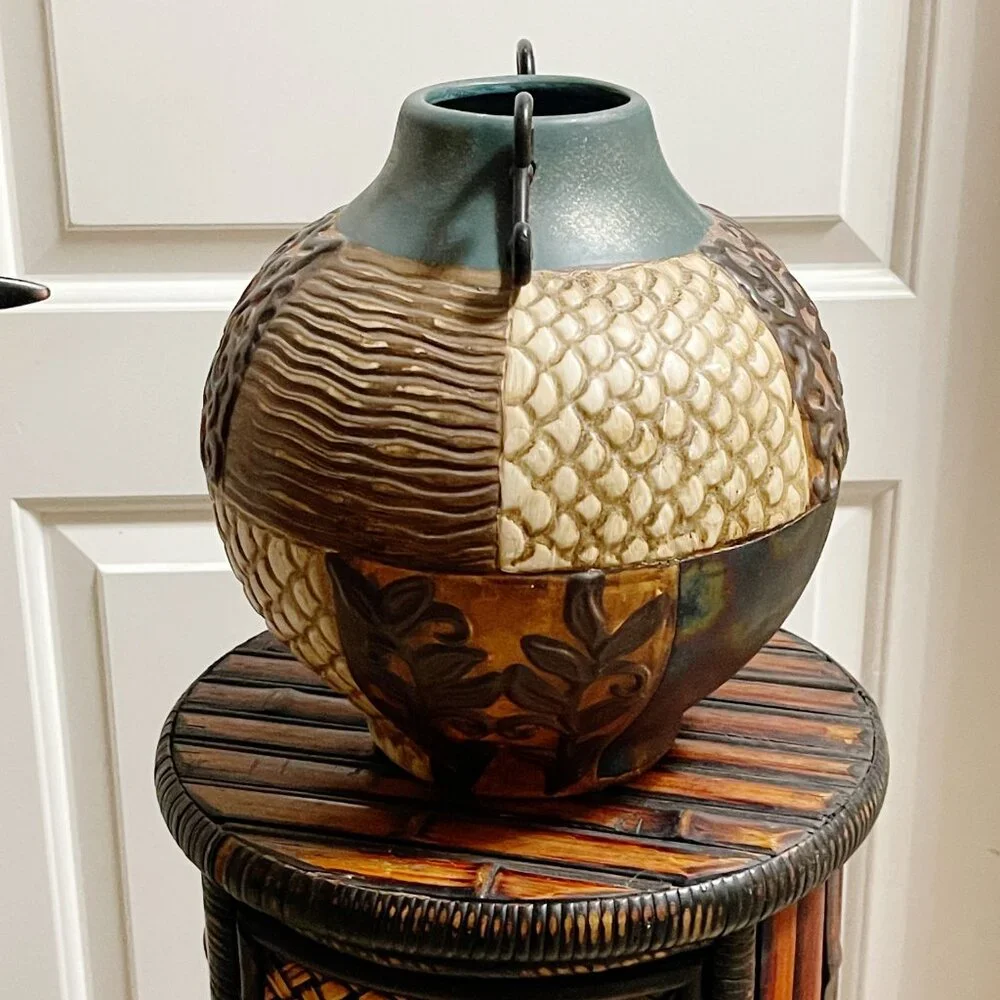 Pier 1 Vase Tan Turquoise Blue Multi Color Texture Pattern Ceramic Metal Unique!